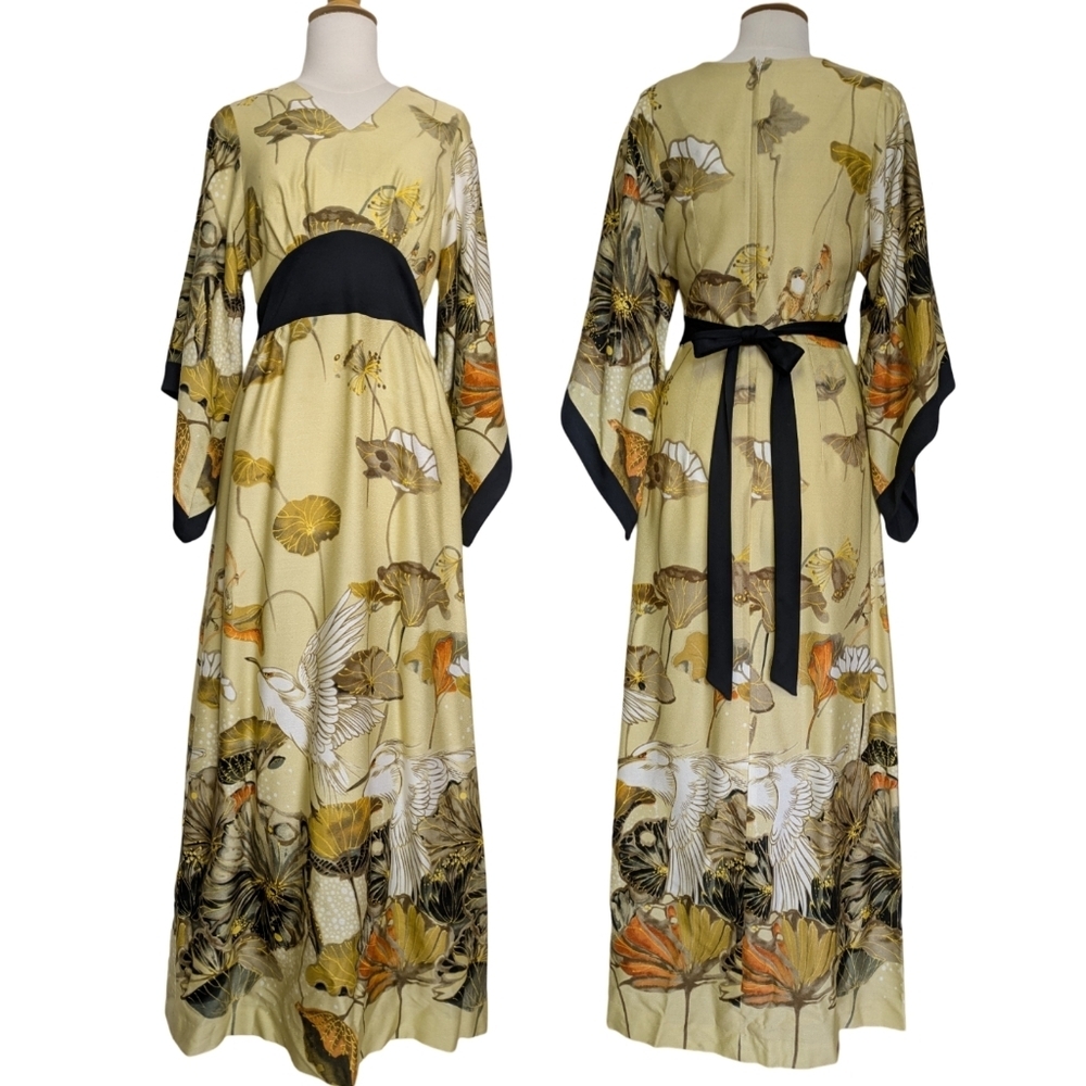 60s/70s Kimono Maxi Dress Bird Pattern Size XS*